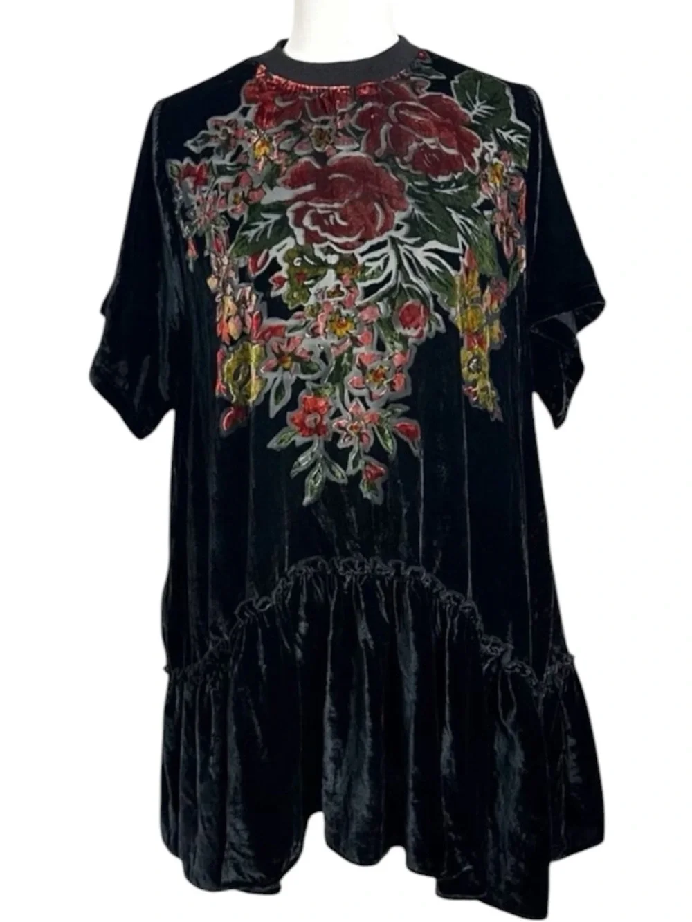 Free People Bohemian Sweet Echoes Black Floral Velvet Devore Tunic Dress Small